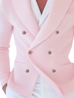 Men's Pink Double-Breasted Knit Blazer – Fast 24-Hour Shipping, Modern Fit Casual Jacket