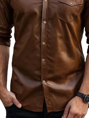 Men's Vintage Leather Long Sleeve Casual Shirt with Pocket – Fast 24-Hour Shipping
