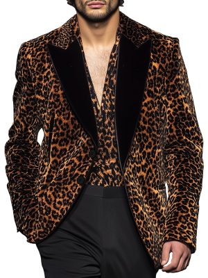 Leopard Print Velvet Blazer with Contrast Lapels – Stylish Single-Breasted Jacket, Ships in 24 Hours