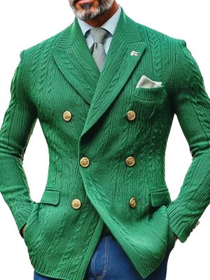 Men's Double-Breasted Cable Knit Cardigan Blazer – Stylish Lapel Knit Blazer with 24-Hour Shipping