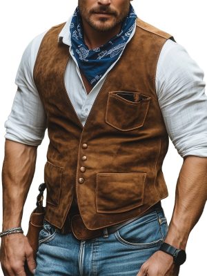 Men's Outdoor Suede Vest with V-Neck & Multiple Pockets – Fast 24-Hour Shipping