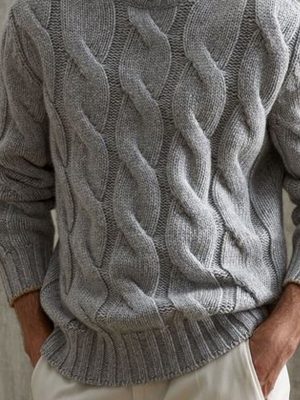 Gray Turtleneck Cable Knit Pullover Sweater – Fast 24-Hour Shipping
