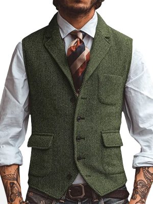 Men's Herringbone Casual Vest with 3 Front Pockets – Stylish Slim-Fit Waistcoat for Smart-Casual Outfits
