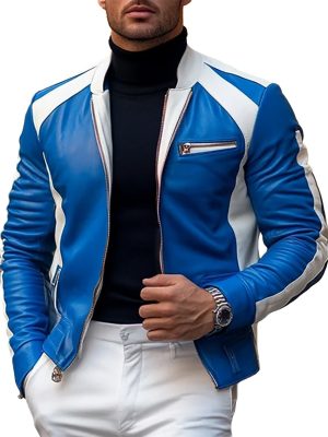 Men's Casual Leather Motorcycle Jacket with Stand Collar, Contrast Stitching & Full Zipper – Ships in 24 Hours