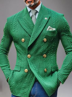 Men's Double-Breasted Cable Knit Cardigan Blazer – Stylish Lapel Knit Blazer with 24-Hour Shipping