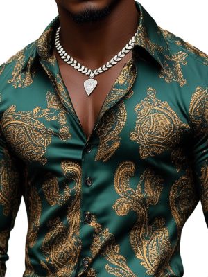 Men's Vintage Gold Paisley Satin Shirt - Long Sleeve Dress Shirt for Men