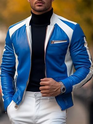 Men's Casual Leather Motorcycle Jacket with Stand Collar, Contrast Stitching & Full Zipper – Ships in 24 Hours