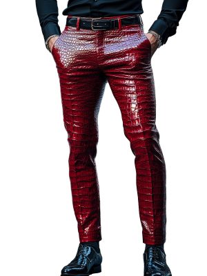Red Crocodile Leather Pants – Stylish Slim-Fit Pants with 24-Hour Shipping