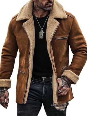 Men's Vintage Suede Shearling Jacket with Fleece Lining, Zipper Pockets & Reversible Fur Collar – Mid-Length Winter Coat
