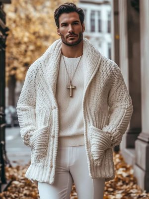 Men's Warm Knitted Cardigan with Lapel & Double Pockets – Solid Color, Single-Breasted, Fast 24-Hour Shipping