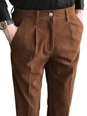 Men's Vintage Corduroy Pants with Elastic Waist - Straight Fit, Solid Color, Fast 24-Hour Shipping