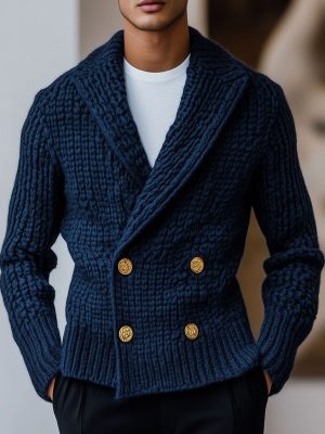 Men's Double-Breasted Knit Cardigan - Solid Color Lapel Sweater with 24-Hour Shipping