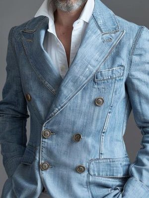 Men's Double-Breasted Denim Blazer with Pockets – Casual Slim-Fit Jacket, Ships in 24 Hours