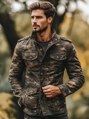 Men's Vintage Camo Jacket with Multiple Pockets & Zipper Closure – Fast 24-Hour Shipping