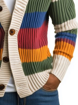 Men's Rainbow Striped Long Sleeve Knit Cardigan – Casual Cotton Blend, Fast 24-Hour Shipping