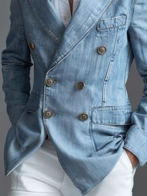 Men's Double-Breasted Denim Blazer with Pockets – Casual Slim-Fit Jacket, Ships in 24 Hours