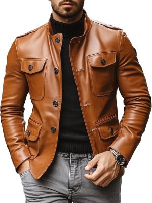 Men's Casual Leather Jacket with Stand Collar & Single-Breasted Design – Ships in 24 Hours