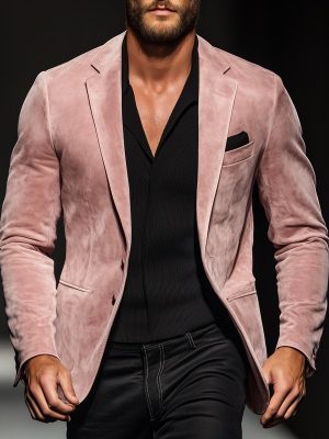 Men's Pink Suede Blazer – Casual Single-Breasted Lapel Jacket with 24-Hour Shipping