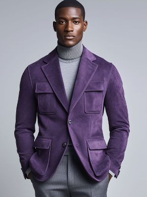 Men's Purple Suede Blazer with Lapel & Multi-Pockets – Fast 24-Hour Shipping