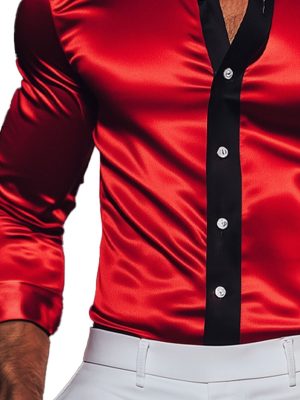 Men's Long Sleeve Satin Shirt with Contrast Trim - Stylish Casual Dress Shirt for Men
