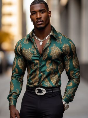 Men's Vintage Gold Paisley Satin Shirt - Long Sleeve Dress Shirt for Men