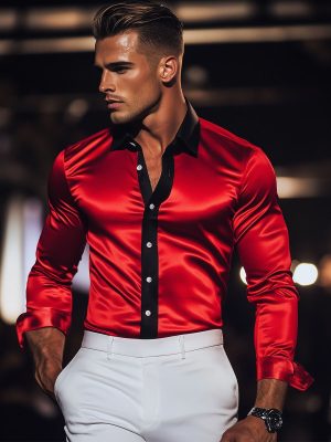 Men's Long Sleeve Satin Shirt with Contrast Trim - Stylish Casual Dress Shirt for Men