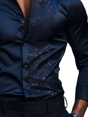Men's Satin Long Sleeve Shirt with Lace Panel Detail – Elegant Casual Dress Shirt for Men