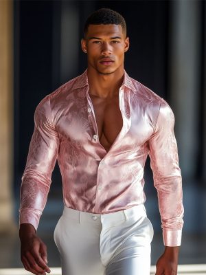 Men's Pink Satin Dress Shirt – Elegant Long Sleeve Formal Button-Down for Business & Occasions