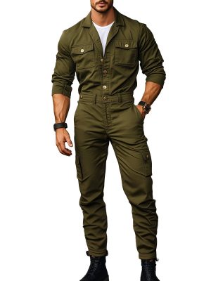 Vintage Cargo Jumpsuit with Multiple Pockets – Long Sleeve Workwear Romper, Ships in 24 Hours
