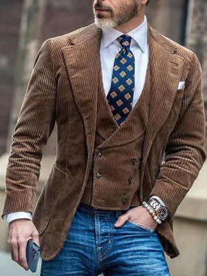Retro Corduroy Blazer for Men - Solid Color Casual Jacket with 24-Hour Shipping