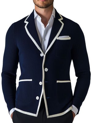 Men's Contrast Color Knit Cardigan with Lapel & Pocket – Single-Breasted, Fast 24-Hour Shipping