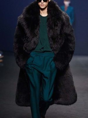 Men's Black Long Fur Coat – Elegant Warm Winter Overcoat with 24-Hour Shipping