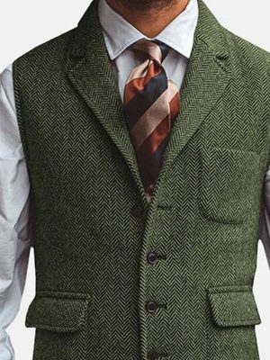 Men's Herringbone Casual Vest with 3 Front Pockets – Stylish Slim-Fit Waistcoat for Smart-Casual Outfits