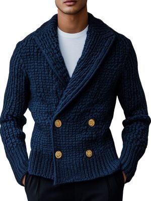 Men's Double-Breasted Knit Cardigan - Solid Color Lapel Sweater with 24-Hour Shipping