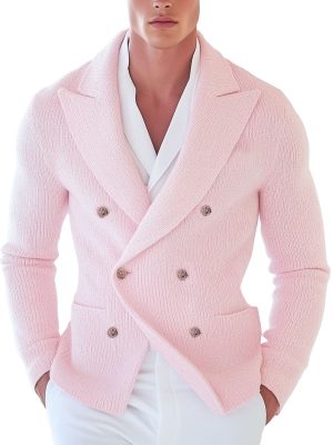 Men's Pink Double-Breasted Knit Blazer – Fast 24-Hour Shipping, Modern Fit Casual Jacket