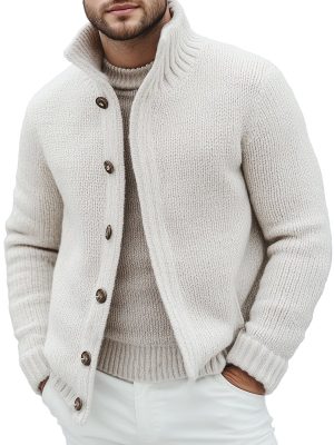 Men's/Women's Solid Knit Cardigan with Stand Collar & Button Front – Fast 24-Hour Shipping