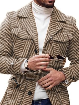 Vintage Herringbone Wool Coat with Lapel & Lace-Up Detail – 4-Pocket Casual Outerwear, Ships in 24 Hours