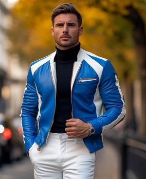 Men's Casual Leather Motorcycle Jacket with Stand Collar, Contrast Stitching & Full Zipper – Ships in 24 Hours