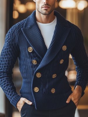 Men's Double-Breasted Knit Cardigan with Metal Buttons – Elegant Lapel Design, Ships in 24 Hours