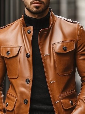 Men's Casual Leather Jacket with Stand Collar & Single-Breasted Design – Ships in 24 Hours