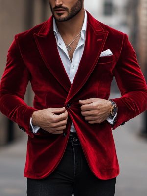 Men's Red Velvet Vintage Blazer - Single Breasted Lapel Jacket with 24-Hour Shipping
