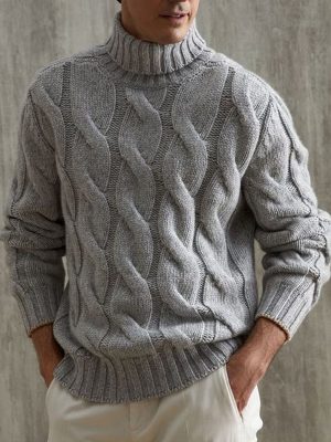 Gray Turtleneck Cable Knit Pullover Sweater – Fast 24-Hour Shipping