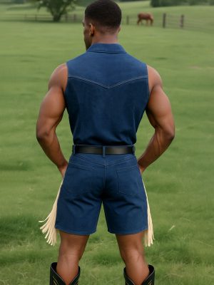 Men's Western Short Sleeveless Jumpsuit with Tassel Embroidery & Zipper Detail – Fast 24-Hour Shipping