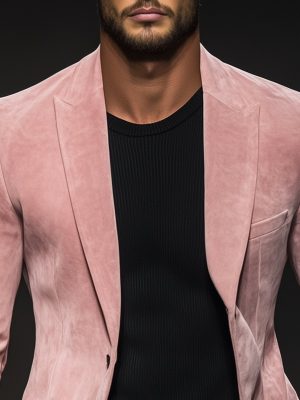 Men's Pink Suede Blazer – Casual Single-Breasted Lapel Jacket with 24-Hour Shipping