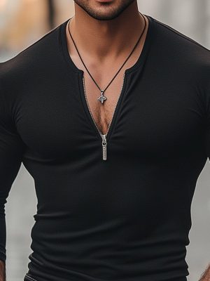 Men's V-Neck Long Sleeve T-Shirt with Zipper – Fast 24-Hour Shipping