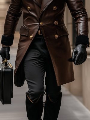 Vintage Leather Double-Breasted Overcoat for Men – Business Style, 24-Hour Shipping