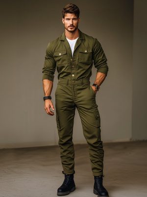 Vintage Cargo Jumpsuit with Multiple Pockets – Long Sleeve Workwear Romper, Ships in 24 Hours