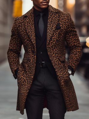 Men's Leopard Print Wool Coat with Notched Lapel – Single-Breasted Winter Overcoat, Ships in 24 Hours