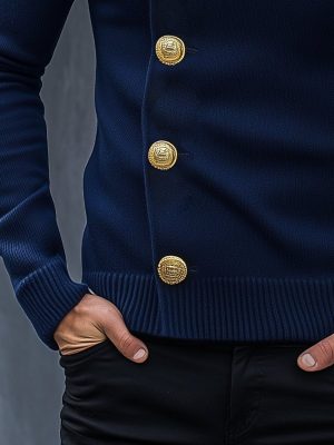 Vintage Navy Stand Collar Knit Cardigan – Fast 24-Hour Shipping