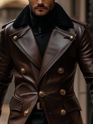 Vintage Leather Double-Breasted Overcoat for Men – Business Style, 24-Hour Shipping
